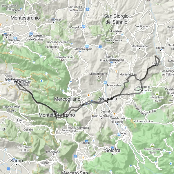 Map miniature of "Baiano Epic Mountain Horseshoe" cycling inspiration in Campania, Italy. Generated by Tarmacs.app cycling route planner