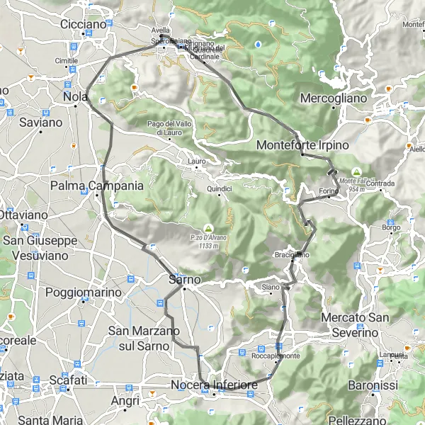 Miniatura della mappa di ispirazione al ciclismo "Tour ciclistico tra Quadrelle e Sarno" nella regione di Campania, Italy. Generata da Tarmacs.app, pianificatore di rotte ciclistiche