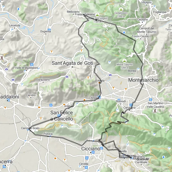 Miniatura della mappa di ispirazione al ciclismo "Sfida ciclistica tra Avella e Roccarainola" nella regione di Campania, Italy. Generata da Tarmacs.app, pianificatore di rotte ciclistiche