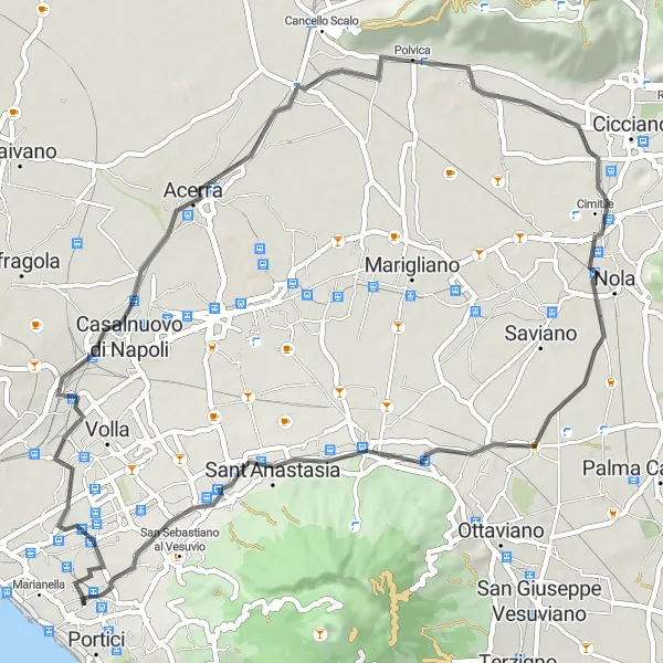 Miniatura della mappa di ispirazione al ciclismo "Escursione tra San Giorgio a Cremano e Sant'Anastasia" nella regione di Campania, Italy. Generata da Tarmacs.app, pianificatore di rotte ciclistiche
