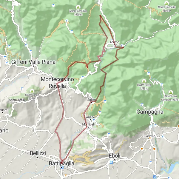 Miniatura della mappa di ispirazione al ciclismo "Gravel Montecorvino-Rovella" nella regione di Campania, Italy. Generata da Tarmacs.app, pianificatore di rotte ciclistiche