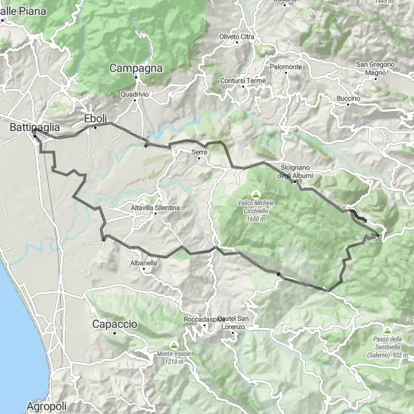 Miniatura della mappa di ispirazione al ciclismo "Road Eboli-Persano" nella regione di Campania, Italy. Generata da Tarmacs.app, pianificatore di rotte ciclistiche