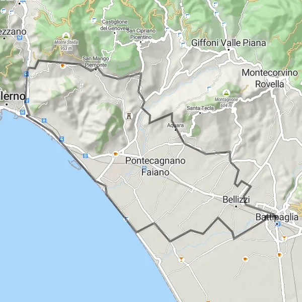 Miniatura della mappa di ispirazione al ciclismo "Tour in bicicletta da Battipaglia a Forte La Carnale e Faiano" nella regione di Campania, Italy. Generata da Tarmacs.app, pianificatore di rotte ciclistiche