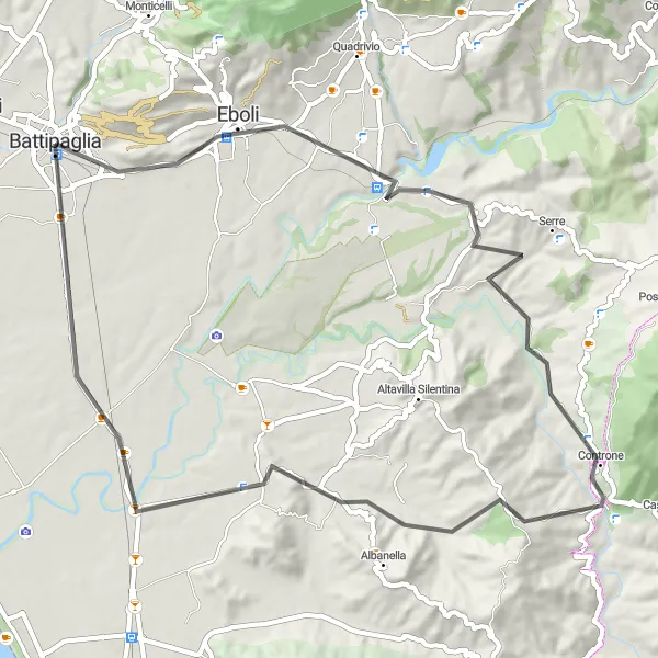 Miniatura della mappa di ispirazione al ciclismo "Road Eboli-Grotte di Castelcivita" nella regione di Campania, Italy. Generata da Tarmacs.app, pianificatore di rotte ciclistiche
