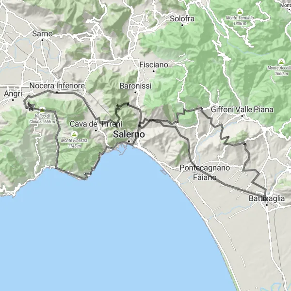 Miniatura della mappa di ispirazione al ciclismo "Road Montecorvino Pugliano-Il Telegrafo" nella regione di Campania, Italy. Generata da Tarmacs.app, pianificatore di rotte ciclistiche