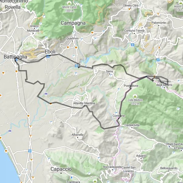 Miniatura della mappa di ispirazione al ciclismo "Giro in bicicletta da Battipaglia ad Eboli e Controne" nella regione di Campania, Italy. Generata da Tarmacs.app, pianificatore di rotte ciclistiche
