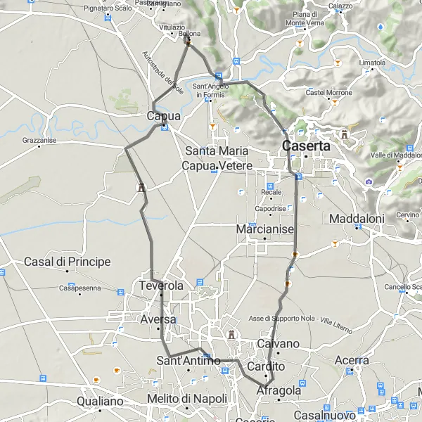 Miniatura della mappa di ispirazione al ciclismo "Giro in bici da Bellona a Capua" nella regione di Campania, Italy. Generata da Tarmacs.app, pianificatore di rotte ciclistiche