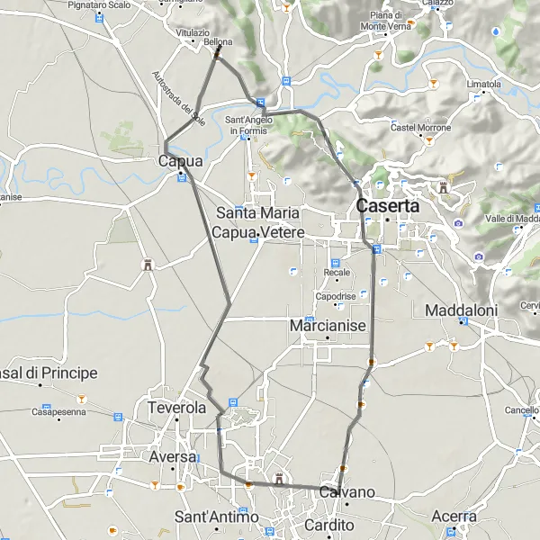 Miniatura della mappa di ispirazione al ciclismo "Tour in bicicletta da Bellona a Capua" nella regione di Campania, Italy. Generata da Tarmacs.app, pianificatore di rotte ciclistiche