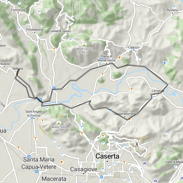 Map miniature of "Exploring Campania's Charming Villages" cycling inspiration in Campania, Italy. Generated by Tarmacs.app cycling route planner