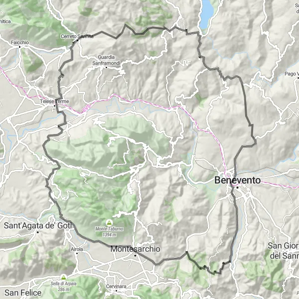 Miniatura della mappa di ispirazione al ciclismo "Giro in bicicletta da Beltiglio-San Giovanni a Tufara Valle" nella regione di Campania, Italy. Generata da Tarmacs.app, pianificatore di rotte ciclistiche