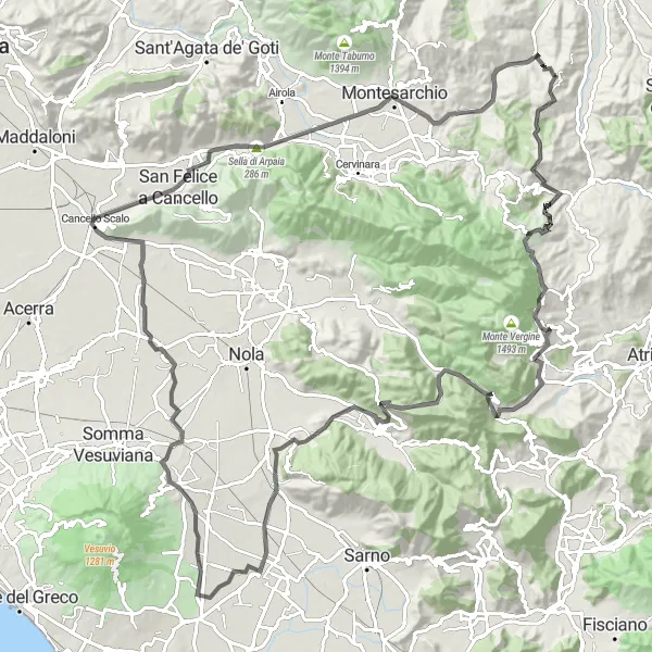 Map miniature of "Beltiglio-San Giovanni Countryside Adventure (Road)" cycling inspiration in Campania, Italy. Generated by Tarmacs.app cycling route planner