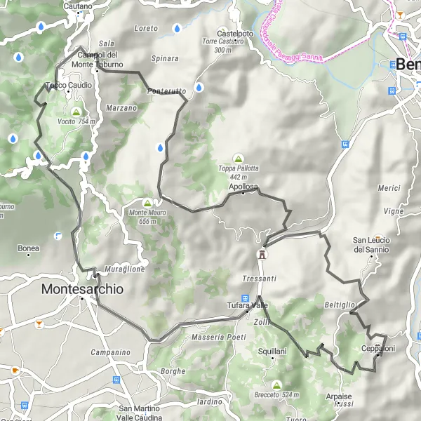 Map miniature of "Beltiglio-San Giovanni - Tufara Valle Loop" cycling inspiration in Campania, Italy. Generated by Tarmacs.app cycling route planner