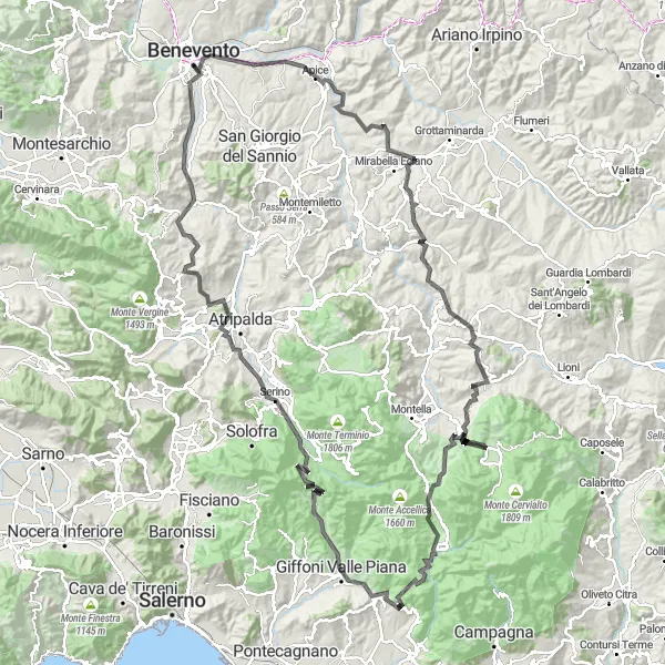 Map miniature of "Apice to Benevento Epic Ride" cycling inspiration in Campania, Italy. Generated by Tarmacs.app cycling route planner