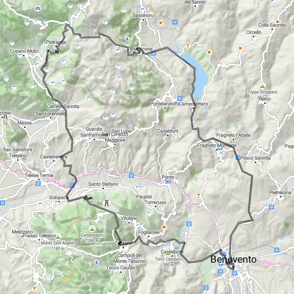 Miniatura della mappa di ispirazione al ciclismo "Sfide sulle colline di Benevento" nella regione di Campania, Italy. Generata da Tarmacs.app, pianificatore di rotte ciclistiche