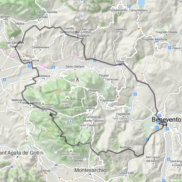 Map miniature of "Gran Potenza Loop" cycling inspiration in Campania, Italy. Generated by Tarmacs.app cycling route planner