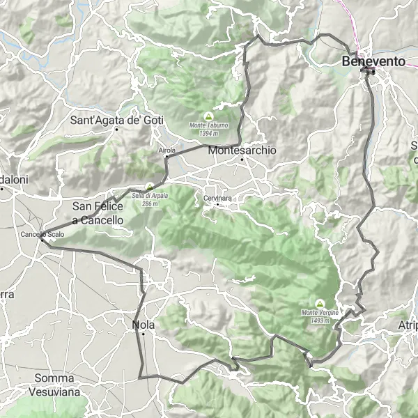 Map miniature of "The Hilly Loop" cycling inspiration in Campania, Italy. Generated by Tarmacs.app cycling route planner