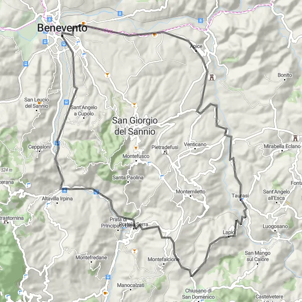 Miniatura della mappa di ispirazione al ciclismo "Il Giro delle Colline Sannite" nella regione di Campania, Italy. Generata da Tarmacs.app, pianificatore di rotte ciclistiche