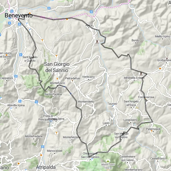 Map miniature of "Benevento and Surrounding Hills" cycling inspiration in Campania, Italy. Generated by Tarmacs.app cycling route planner