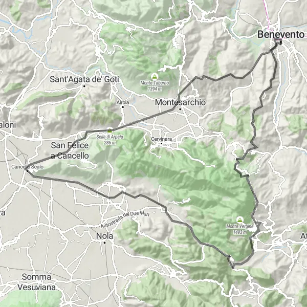 Map miniature of "Benevento to Monte Mauro Road Cycling Route" cycling inspiration in Campania, Italy. Generated by Tarmacs.app cycling route planner