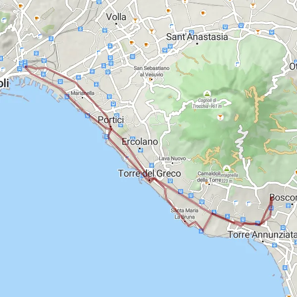 Miniatura della mappa di ispirazione al ciclismo "Giro in bicicletta da Boscotrecase a Torre Annunziata" nella regione di Campania, Italy. Generata da Tarmacs.app, pianificatore di rotte ciclistiche