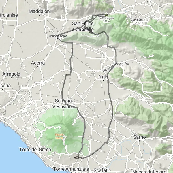 Miniatura della mappa di ispirazione al ciclismo "Avventura in bicicletta da Ottaviano a Boscoreale" nella regione di Campania, Italy. Generata da Tarmacs.app, pianificatore di rotte ciclistiche