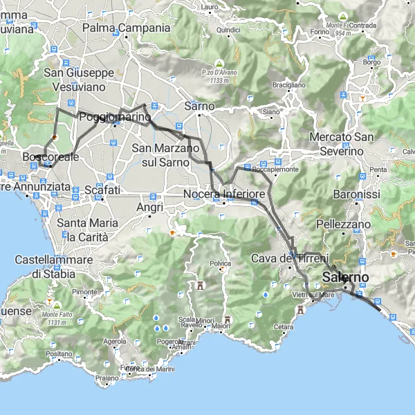 Miniatura della mappa di ispirazione al ciclismo "Alla scoperta di Salerno da Boscoreale a Terzigno" nella regione di Campania, Italy. Generata da Tarmacs.app, pianificatore di rotte ciclistiche