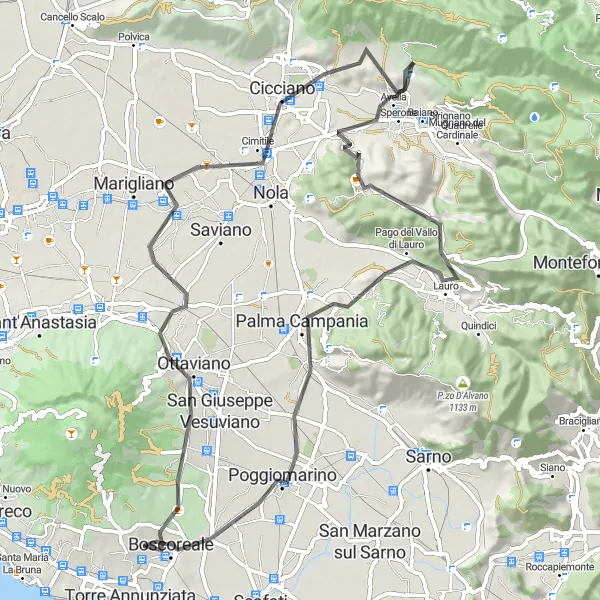 Miniatura della mappa di ispirazione al ciclismo "Giro in bicicletta da Boscotrecase ad Avellino" nella regione di Campania, Italy. Generata da Tarmacs.app, pianificatore di rotte ciclistiche