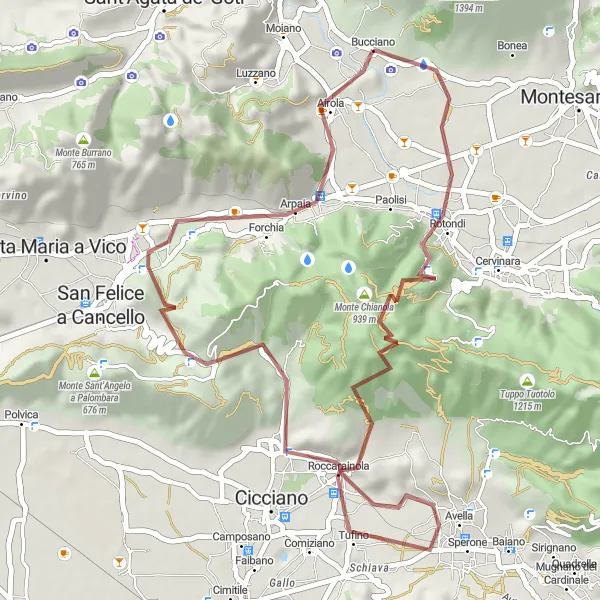 Map miniature of "Gravel Adventure to Bucciano" cycling inspiration in Campania, Italy. Generated by Tarmacs.app cycling route planner