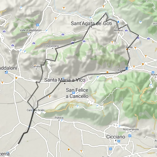 Miniatura della mappa di ispirazione al ciclismo "Tour delle Colline Campane" nella regione di Campania, Italy. Generata da Tarmacs.app, pianificatore di rotte ciclistiche