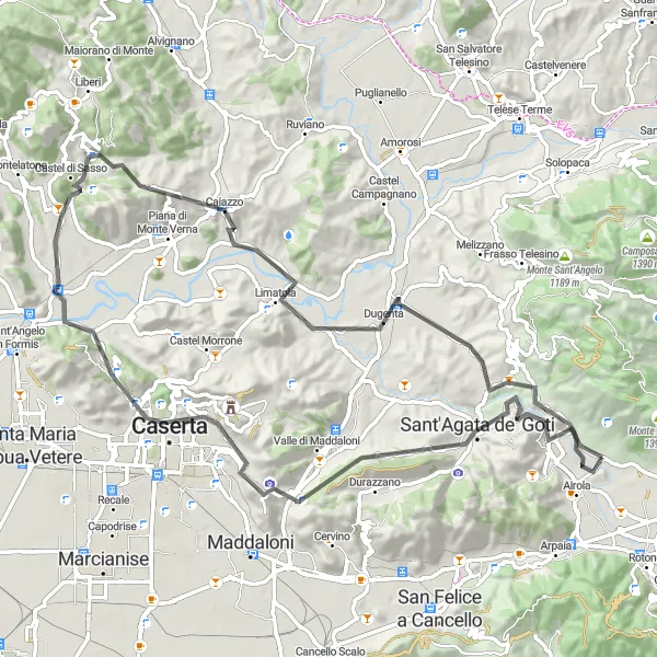 Miniatura della mappa di ispirazione al ciclismo "Giro in bicicletta da Bucciano a Monte Cereto e ritorno" nella regione di Campania, Italy. Generata da Tarmacs.app, pianificatore di rotte ciclistiche