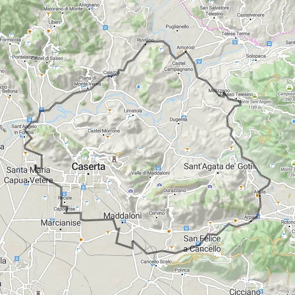 Miniatura della mappa di ispirazione al ciclismo "Ciclismo su strada tra Colline Campane" nella regione di Campania, Italy. Generata da Tarmacs.app, pianificatore di rotte ciclistiche