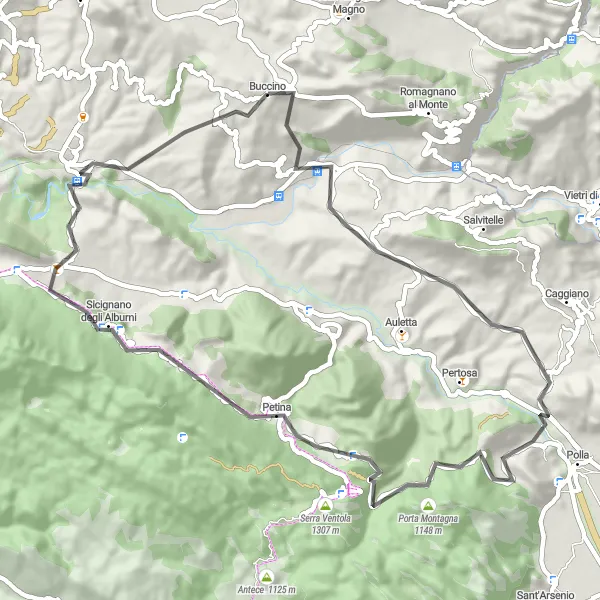 Miniatura della mappa di ispirazione al ciclismo "Giro dei Monti del Vallo di Diano" nella regione di Campania, Italy. Generata da Tarmacs.app, pianificatore di rotte ciclistiche