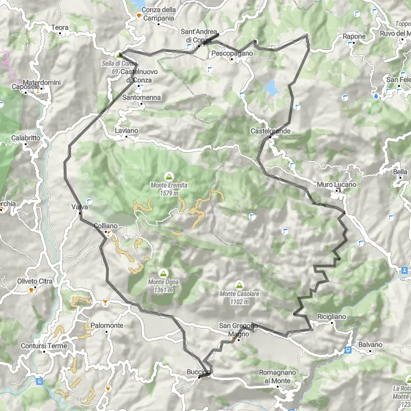 Miniatura della mappa di ispirazione al ciclismo "Avventura tra Monte e Valli" nella regione di Campania, Italy. Generata da Tarmacs.app, pianificatore di rotte ciclistiche
