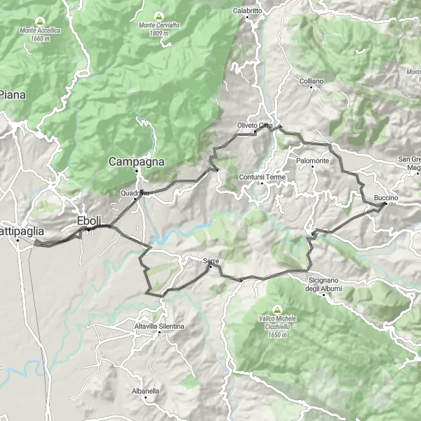 Miniatura della mappa di ispirazione al ciclismo "Tra Colli e Colline Lucane" nella regione di Campania, Italy. Generata da Tarmacs.app, pianificatore di rotte ciclistiche