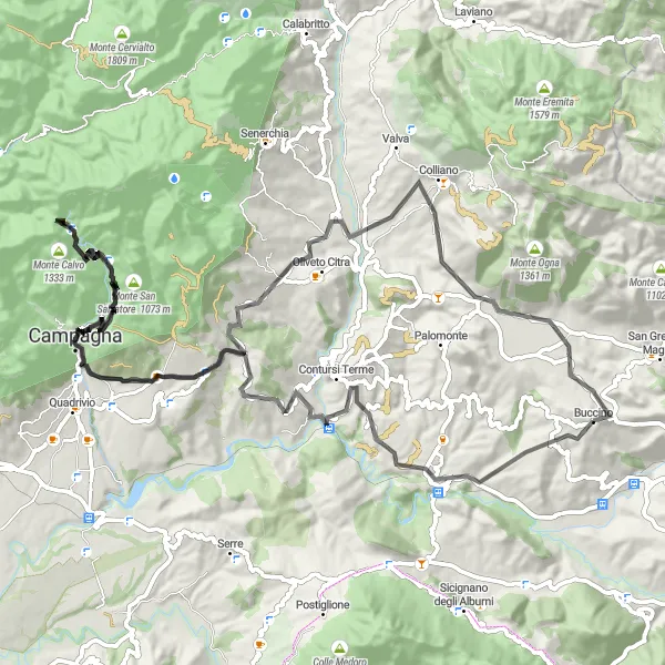 Miniatura della mappa di ispirazione al ciclismo "Sfida tra Contursi Terme e Campagna" nella regione di Campania, Italy. Generata da Tarmacs.app, pianificatore di rotte ciclistiche