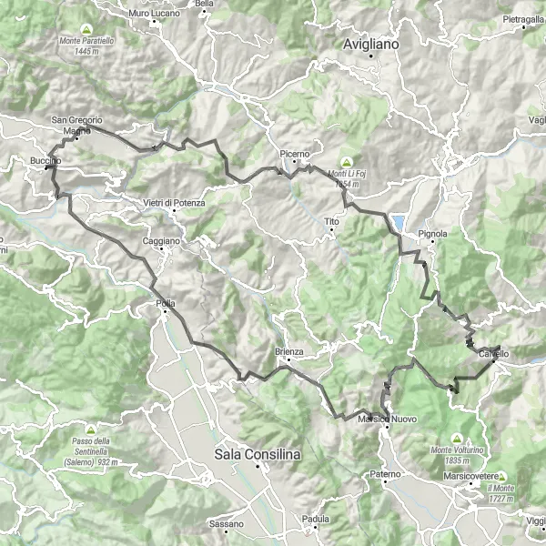 Miniatura della mappa di ispirazione al ciclismo "Avventura tra i Borghi della Basilicata" nella regione di Campania, Italy. Generata da Tarmacs.app, pianificatore di rotte ciclistiche