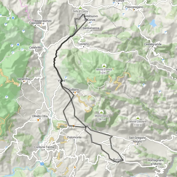 Miniatura della mappa di ispirazione al ciclismo "Sfide Lucane in Bicicletta" nella regione di Campania, Italy. Generata da Tarmacs.app, pianificatore di rotte ciclistiche