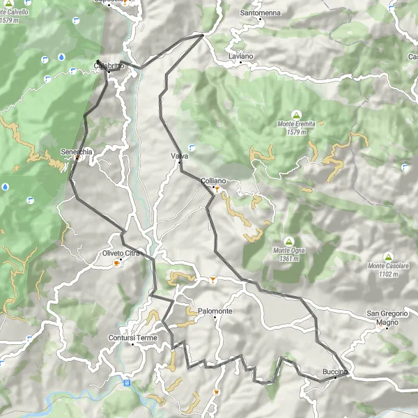 Miniatura della mappa di ispirazione al ciclismo "Circuito di Senerchia e Valva" nella regione di Campania, Italy. Generata da Tarmacs.app, pianificatore di rotte ciclistiche