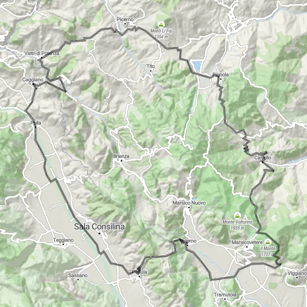 Miniatura della mappa di ispirazione al ciclismo "Giro in bicicletta da Caggiano attraverso le montagne" nella regione di Campania, Italy. Generata da Tarmacs.app, pianificatore di rotte ciclistiche