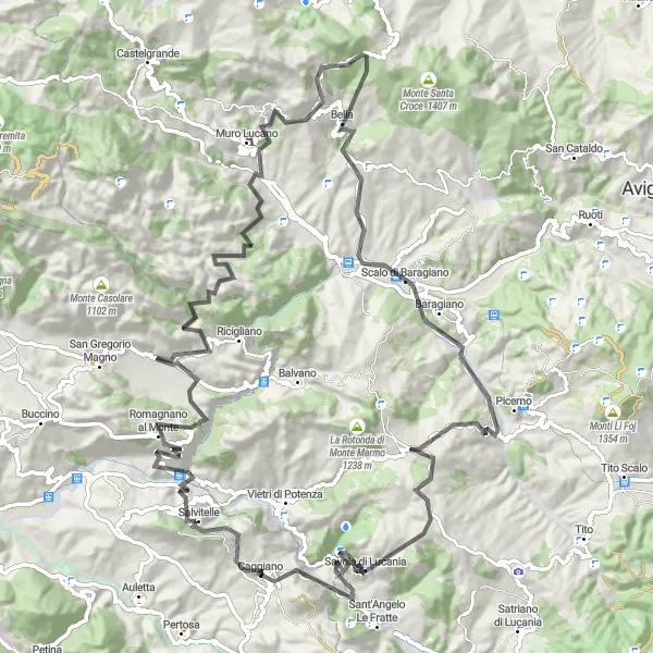 Map miniature of "The Monti Lucani Adventure" cycling inspiration in Campania, Italy. Generated by Tarmacs.app cycling route planner