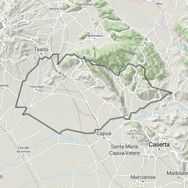 Miniatura della mappa di ispirazione al ciclismo "Avventura in bicicletta tra Piana di Monte Verna e Monte Santa Croce" nella regione di Campania, Italy. Generata da Tarmacs.app, pianificatore di rotte ciclistiche