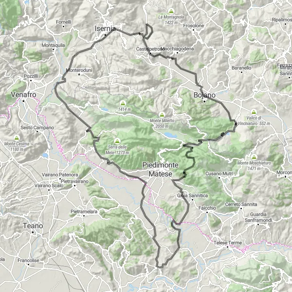 Map miniature of "Caiazzo to Belvedere di Civita Epic Route" cycling inspiration in Campania, Italy. Generated by Tarmacs.app cycling route planner