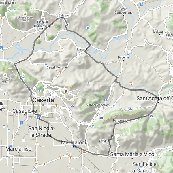 Miniatura della mappa di ispirazione al ciclismo "Ciclismo di 60 km da Caiazzo" nella regione di Campania, Italy. Generata da Tarmacs.app, pianificatore di rotte ciclistiche