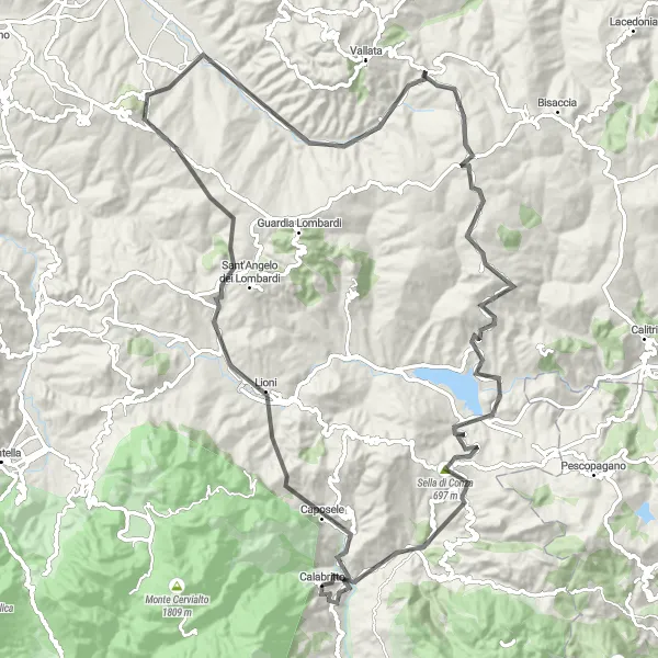 Miniatura della mappa di ispirazione al ciclismo "Giro in bicicletta a Rocca San Felice" nella regione di Campania, Italy. Generata da Tarmacs.app, pianificatore di rotte ciclistiche