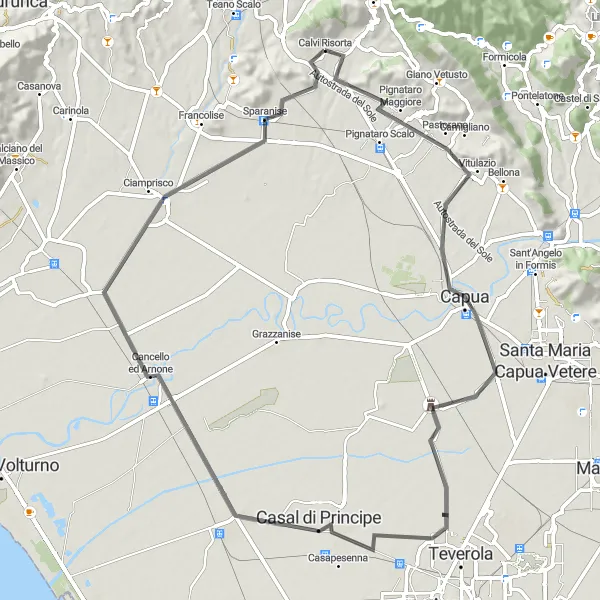 Miniatura della mappa di ispirazione al ciclismo "Giro di 76 km da Calvi Risorta attraverso Colle del Castellone" nella regione di Campania, Italy. Generata da Tarmacs.app, pianificatore di rotte ciclistiche