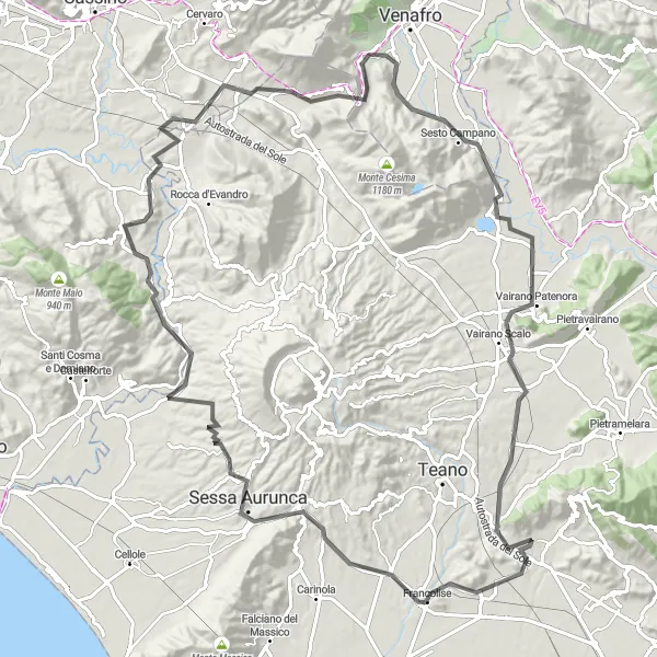 Miniatura della mappa di ispirazione al ciclismo "Montagne e Borghi intorno a Calvi Risorta" nella regione di Campania, Italy. Generata da Tarmacs.app, pianificatore di rotte ciclistiche