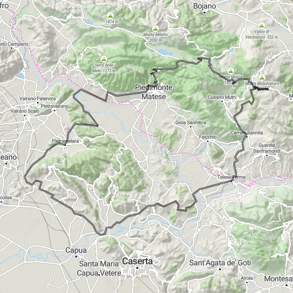 Map miniature of "Matese & Costa Pelata Loop" cycling inspiration in Campania, Italy. Generated by Tarmacs.app cycling route planner