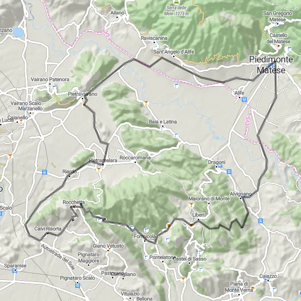 Map miniature of "Alvignano Loop" cycling inspiration in Campania, Italy. Generated by Tarmacs.app cycling route planner