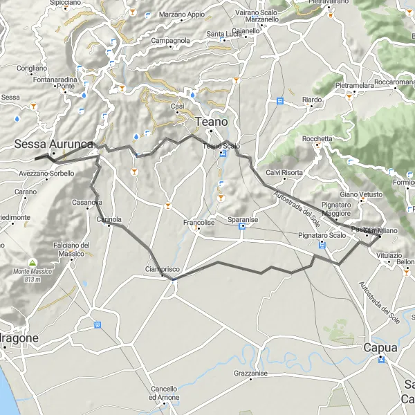 Miniatura della mappa di ispirazione al ciclismo "Scoperta di Sessa Aurunca in bici" nella regione di Campania, Italy. Generata da Tarmacs.app, pianificatore di rotte ciclistiche