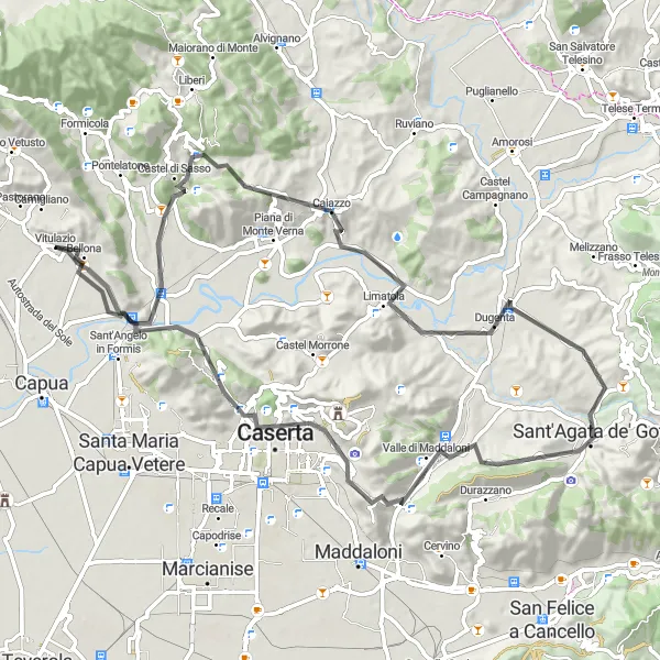 Miniatura della mappa di ispirazione al ciclismo "Avventura in bici tra Monte Fallano e Bellona" nella regione di Campania, Italy. Generata da Tarmacs.app, pianificatore di rotte ciclistiche